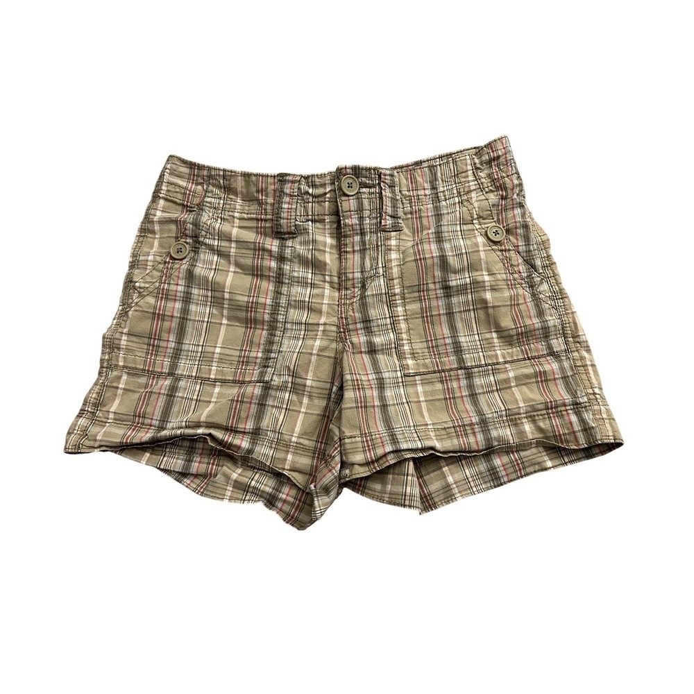 Faded Glory Plaid Shorts Womens 4 Tan Excellent Stretch Multi Pocket Casual
